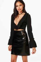 Boohoo Claire Lace Up Ruffle Long Sleeve Crop Black