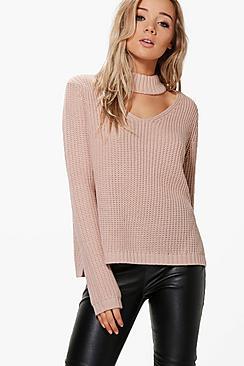 Boohoo Amelia Ribbed Choker V-neck Jumper