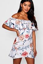 Boohoo Millie Floral Double Frill Off Shoulder Skater Dress