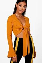 Boohoo Lorna Tie Front Frill Sleeve Crop