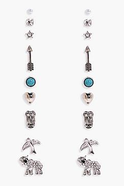 Boohoo Moira Elephant And Arrow Mixed Earring Stud 9pk