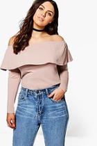 Boohoo Plus Caroline Off Shoulder Ruffle Silky Ribbed Top