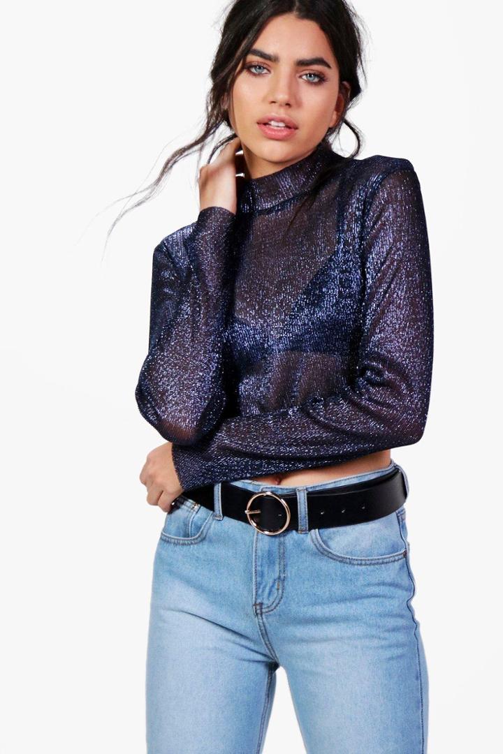 Boohoo Grace Metallic Pleated Mesh Top Midnight