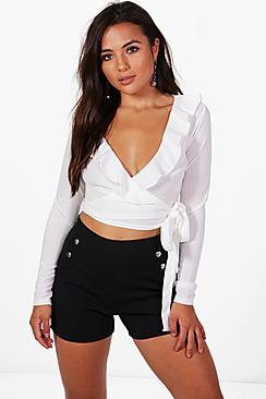 Boohoo Petite Ruffle Wrap Front Crop Top
