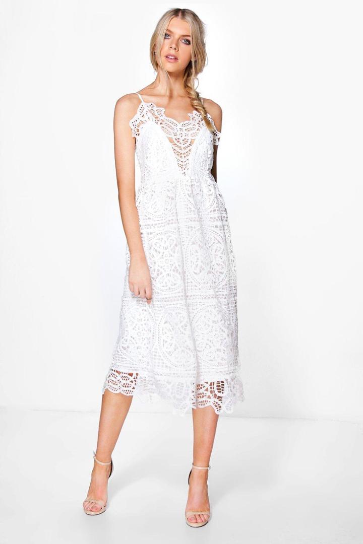 Boohoo Boutique Bea Crochet Panelled Midi Skater Dress Ivory