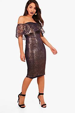 Boohoo Boutique Liz Off The Shoulder Frill Midi Dress