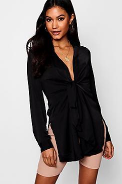 Boohoo Faith Woven Tie Front Maxi Shirt