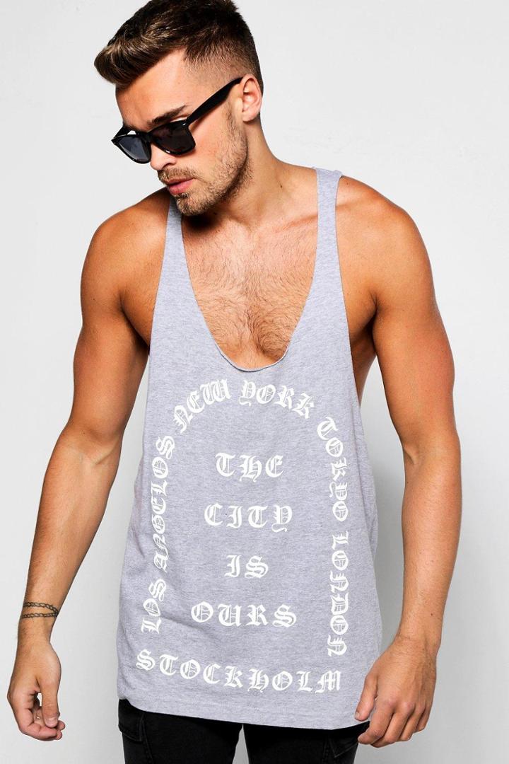Boohoo City Print Raw Edge Extreme Racer Back Tank Top Grey