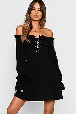 Boohoo Flared Sleeve Lace Up Bodice Shift Dress