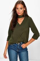 Boohoo Roxy Woven Choker Neck Blouse Khaki