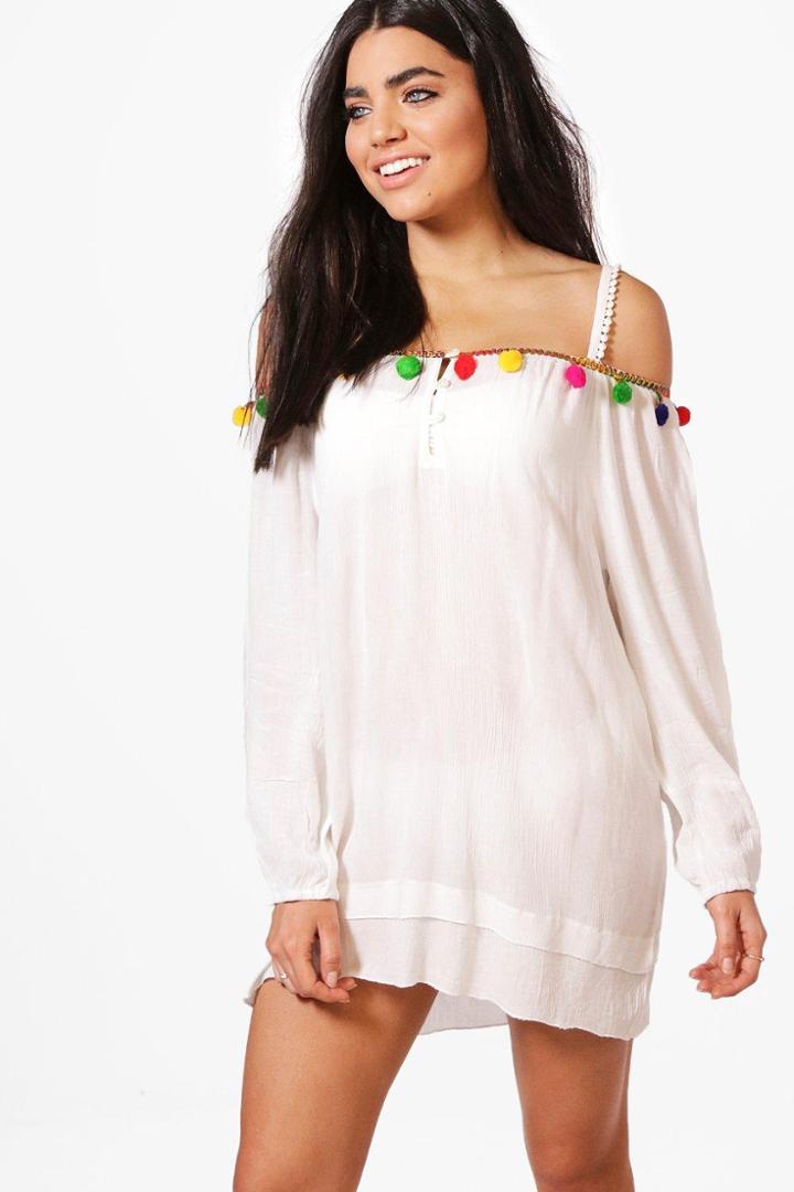 Boohoo Harriet Pom Pom Cold Shoulder Beach Dress White