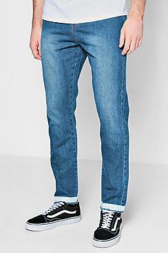 Boohoo Mid Blue Printed Hem Rigid Jeans In Slim Fit
