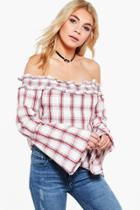 Boohoo Charlie Checked Bardot Top Wine