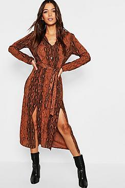 Boohoo Chocolate Snake Button Through Midi Dress
