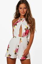 Boohoo Petite Holly Floral White Plisse Playsuit
