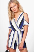 Boohoo Lois Open Shoulder Wrap Over Striped Playsuit Multi