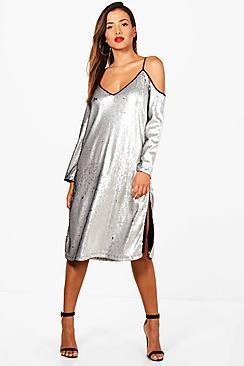 Boohoo Daffy Sequin Cold Shoulder Midi Dress