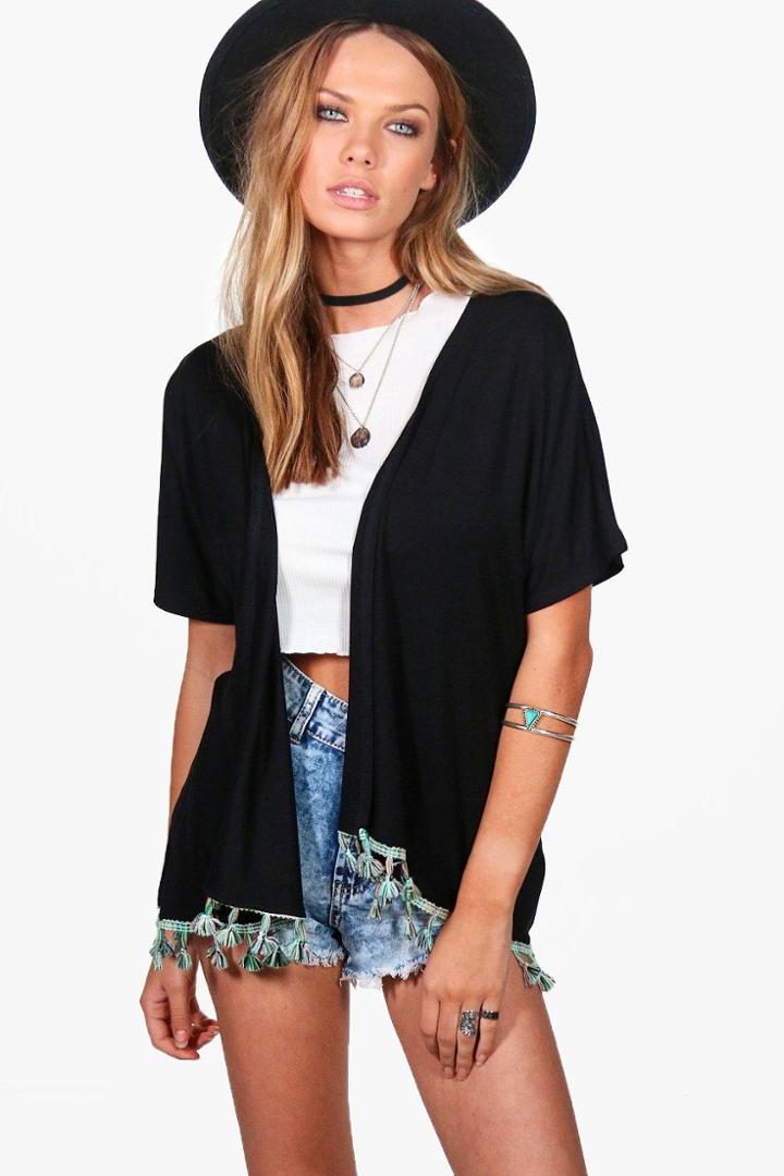 Boohoo Charlotte Tassel Trim Kimono Black