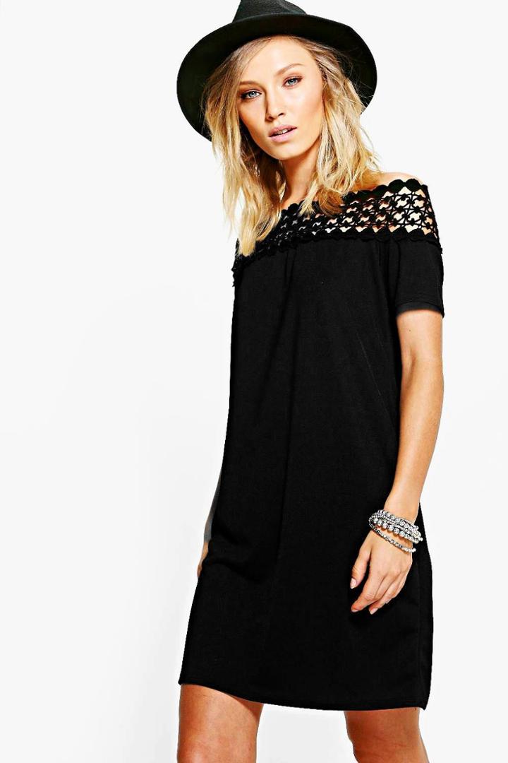 Boohoo Harlow Crochet Trim Bardot Shift Dress Black