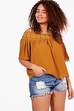 Boohoo Plus Nicole Cold Shoulder Crochet Trim Top
