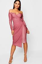 Boohoo Off The Shoulder Polka Dot Wrap Midi Dress