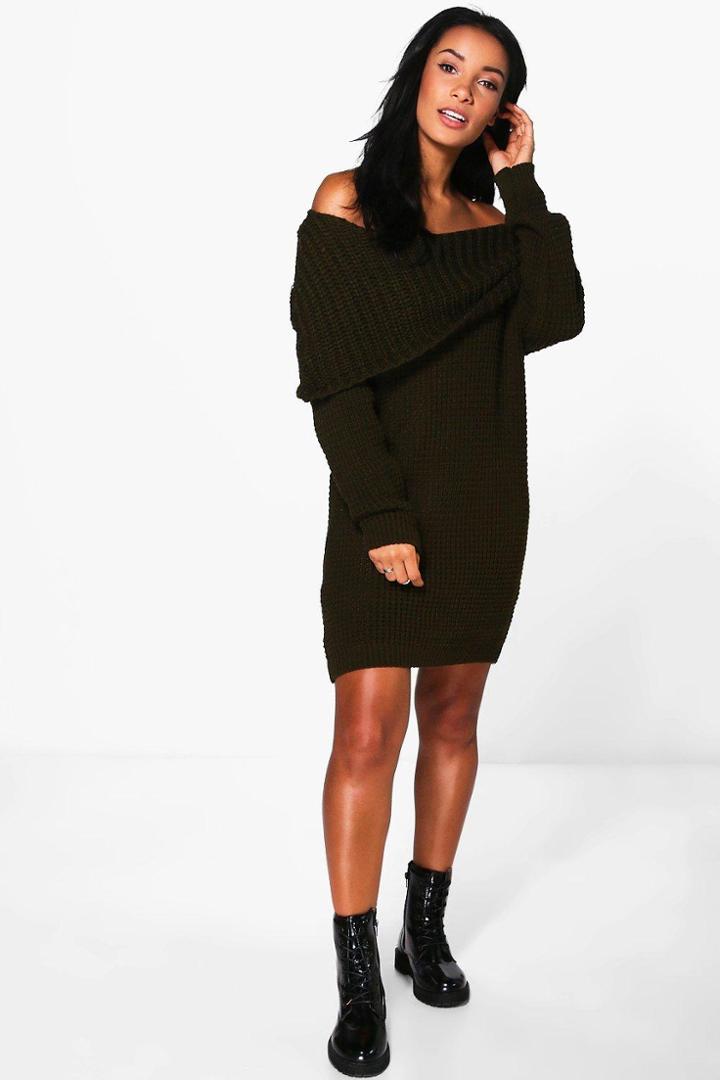 Boohoo Zoey Bardot Mini Knitted Dress Khaki