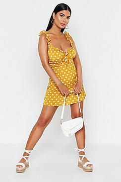 Boohoo Petite Ruffle Strap Polka Dot Skater Dress