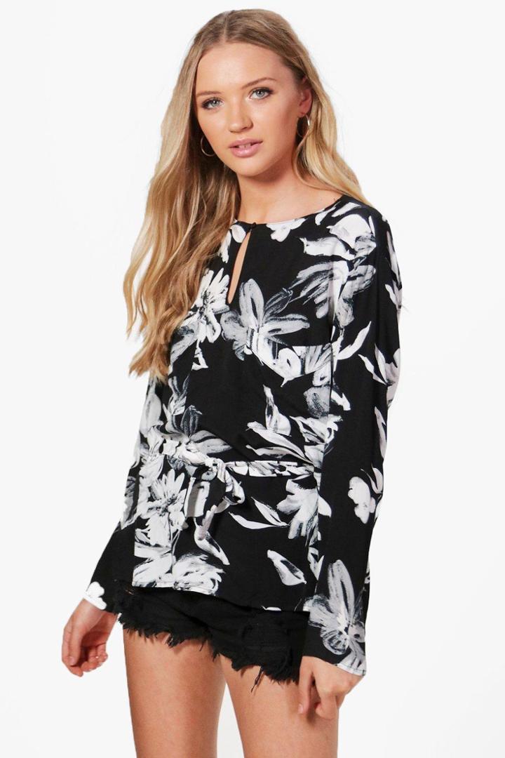 Boohoo Maria Floral Belted Top Black