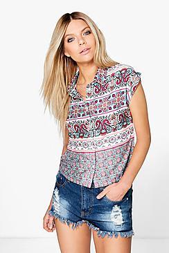 Boohoo Sarah Printed Button Crop Shirt