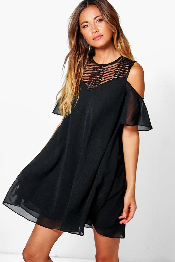 Boohoo Coleen Lace Cold Shoulder Swing Dress Black