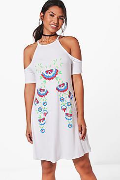 Boohoo Lori Cold Shoulder Printed Swing Dress