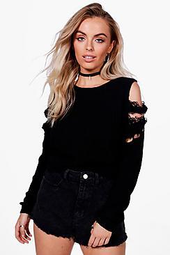 Boohoo Alexandra Distressed Cold Shoulder Crop Jumper