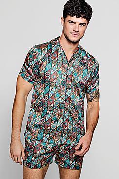 Boohoo Print Short Sleeve Revere Satin Shirt Co-ord