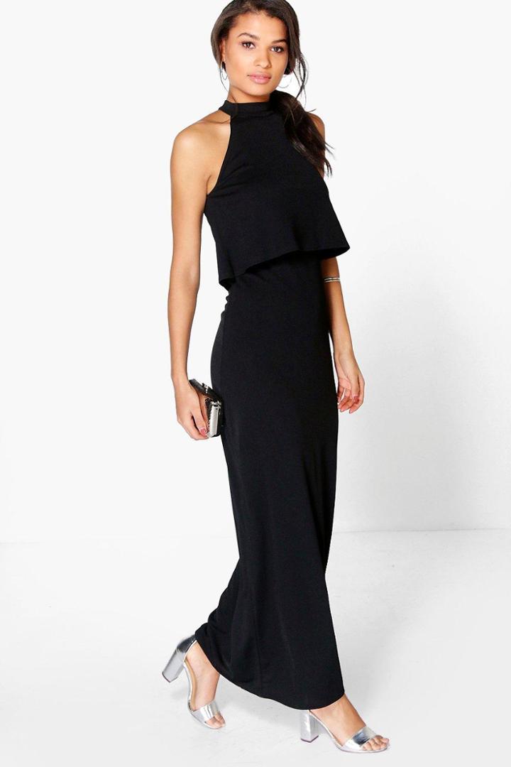 Boohoo Lisandra High Neck Double Layer Maxi Dress Black