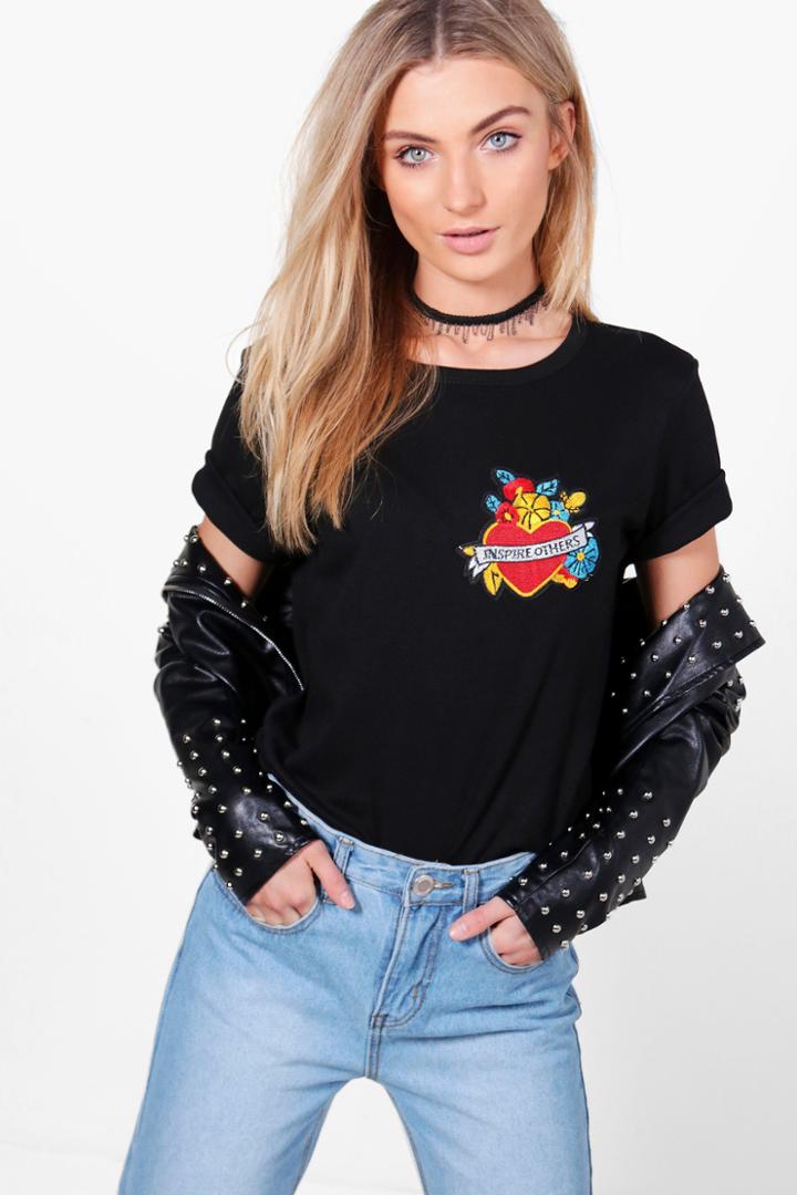 Boohoo Tia Heart Badge Oversized T-shirt Black