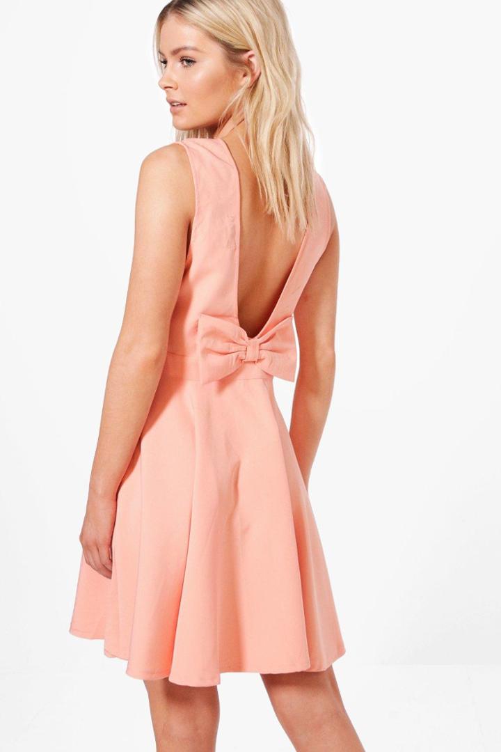 Boohoo Hollie Bow Detail Skater Dress Peach
