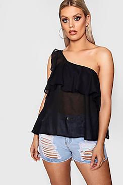 Boohoo Plus Yasmin One Shoulder Ruffle Top