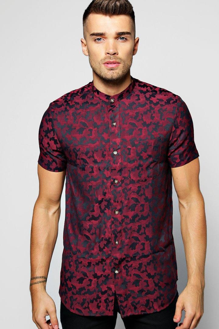Boohoo Short Sleeve Camo Jacquard Woven Shirt Red
