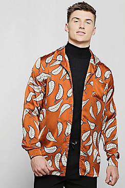 Boohoo Rust Leaf Print Revere Long Sleeve Shirt