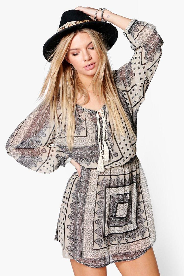 Boohoo Leila Scarf Print Tassel Trim Dress Multi