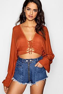 Boohoo Tall Balloon Sleeve Lace Up Crop