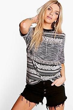 Boohoo Holly Mono Aztec Fringe Top