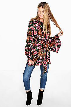 Boohoo Amelia Dark Floral Wrap Front Woven Top