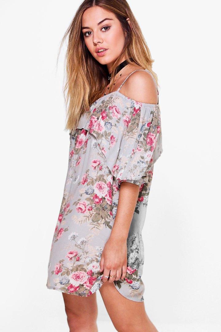 Boohoo Petite Holly Floral Open Shoulder Dress Multi