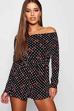 Boohoo Petite Cherry Print Bardot Playsuit