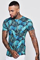 Boohoo Palm Print Muscle Fit Tee With Curved Hem
