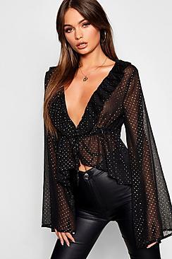 Boohoo Metallic Spot Ruffle Plunge Blouse