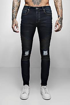 Boohoo Indigo Wash Biker Detail Skinny Fit Jeans