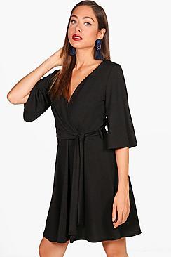 Boohoo Polly Wrap Over Belted Skater Dress