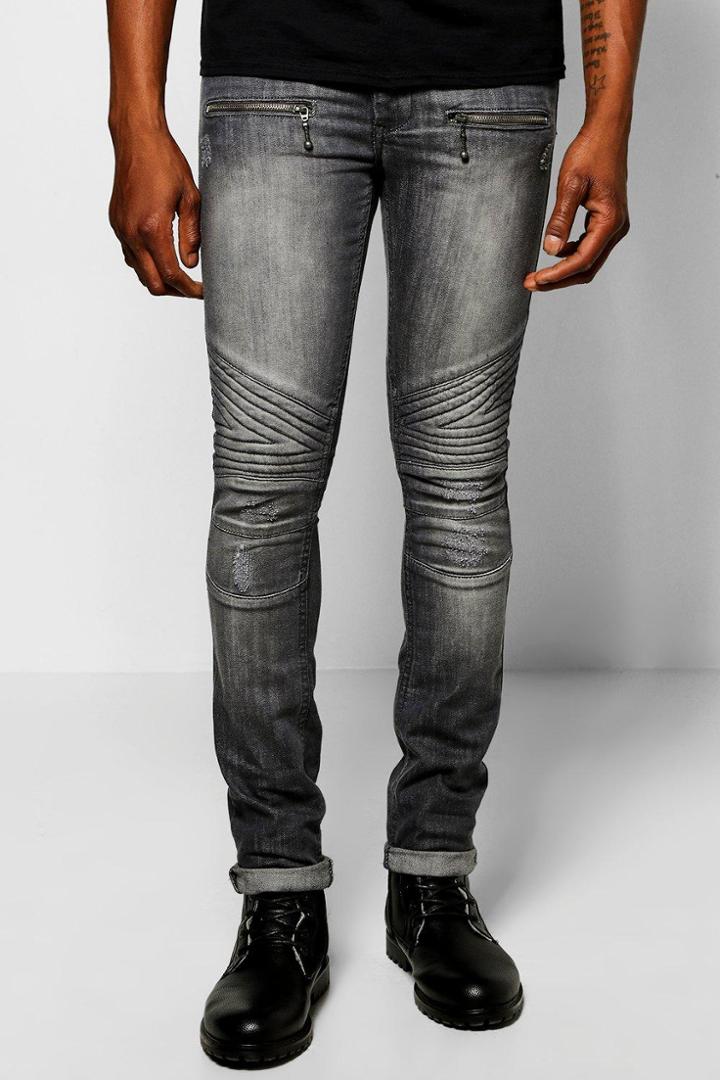 Boohoo Super Skinny Biker Jeans With Zip Detail Grey